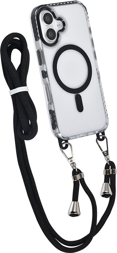 TUNIQ – iPhone 16-Backcover hoesje-Afneembaar Nek koord-magsafe -TPU-PC-Zwart-Transparant