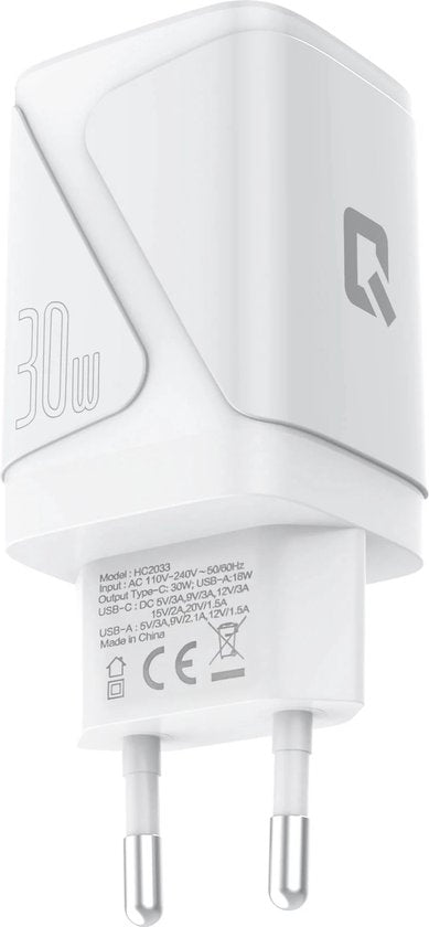 TUNIQ PD 30W GaN thuislader – dual poort met USB-C kabel – wit