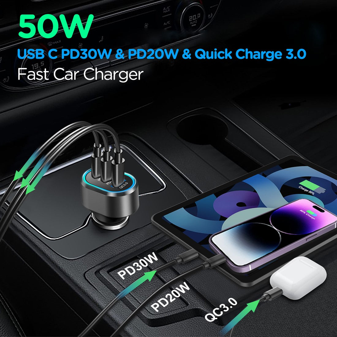 Auto lader 50w ( voor telefoon / tablets ) bv