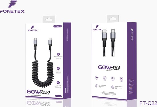 FoneTex USB C naar USB C Krulsnoer Kabel - Tot 2 Meter Uitrekbaar - Uitrekbare Oplader - Geschikt voor Samsung Carplay, Samsung - Oplaadkabel