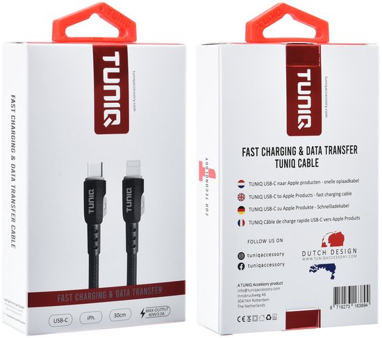 TUNIQ USB-C naar Lightning Kabel 30cm - Snelle oplaadkabel - Zwart