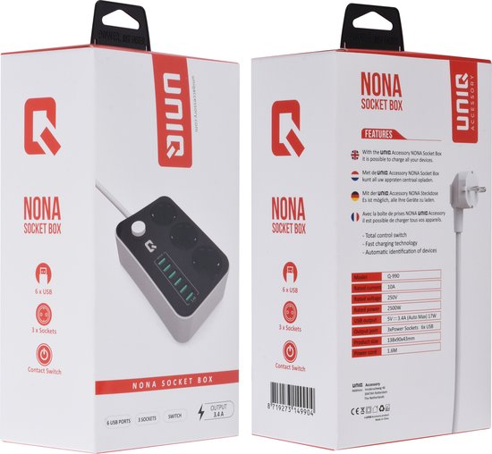 6 USB-poorten, 3 stopcontacten en een snoer van 1,6 meter voor al uw apparaten