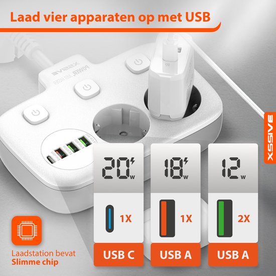 Stekkerdoos met USB - Verdeelstekker - 20W Snellader USB C - Stopcontact Splitter - Stekkerdoos met Schakelaar - Verdeeldoos met Kabel -