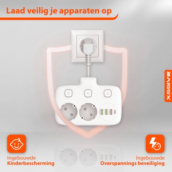 Stekkerdoos met USB - Verdeelstekker - 20W Snellader USB C - Stopcontact Splitter - Stekkerdoos met Schakelaar - Verdeeldoos met Kabel -