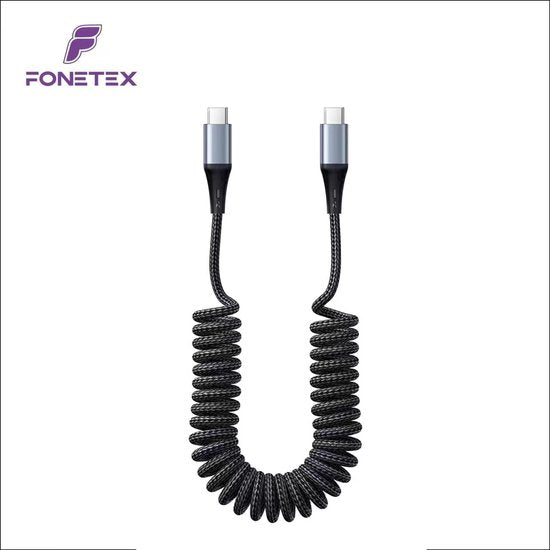 FoneTex USB C naar USB C Krulsnoer Kabel - Tot 2 Meter Uitrekbaar - Uitrekbare Oplader - Geschikt voor Samsung Carplay, Samsung - Oplaadkabel