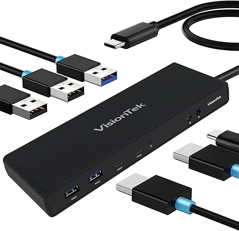 VisionTek VT4500 12in1 Docking Station Dual Monitor 4K – x2 HDMI, x2 DisplayPort, 60W USB-C PD, x4 USB-A 3.0, x2 5Gbps USB-C, 3.5mm Audio Jack, & Ethernet – Compatible with Laptop, PC, and MacBook