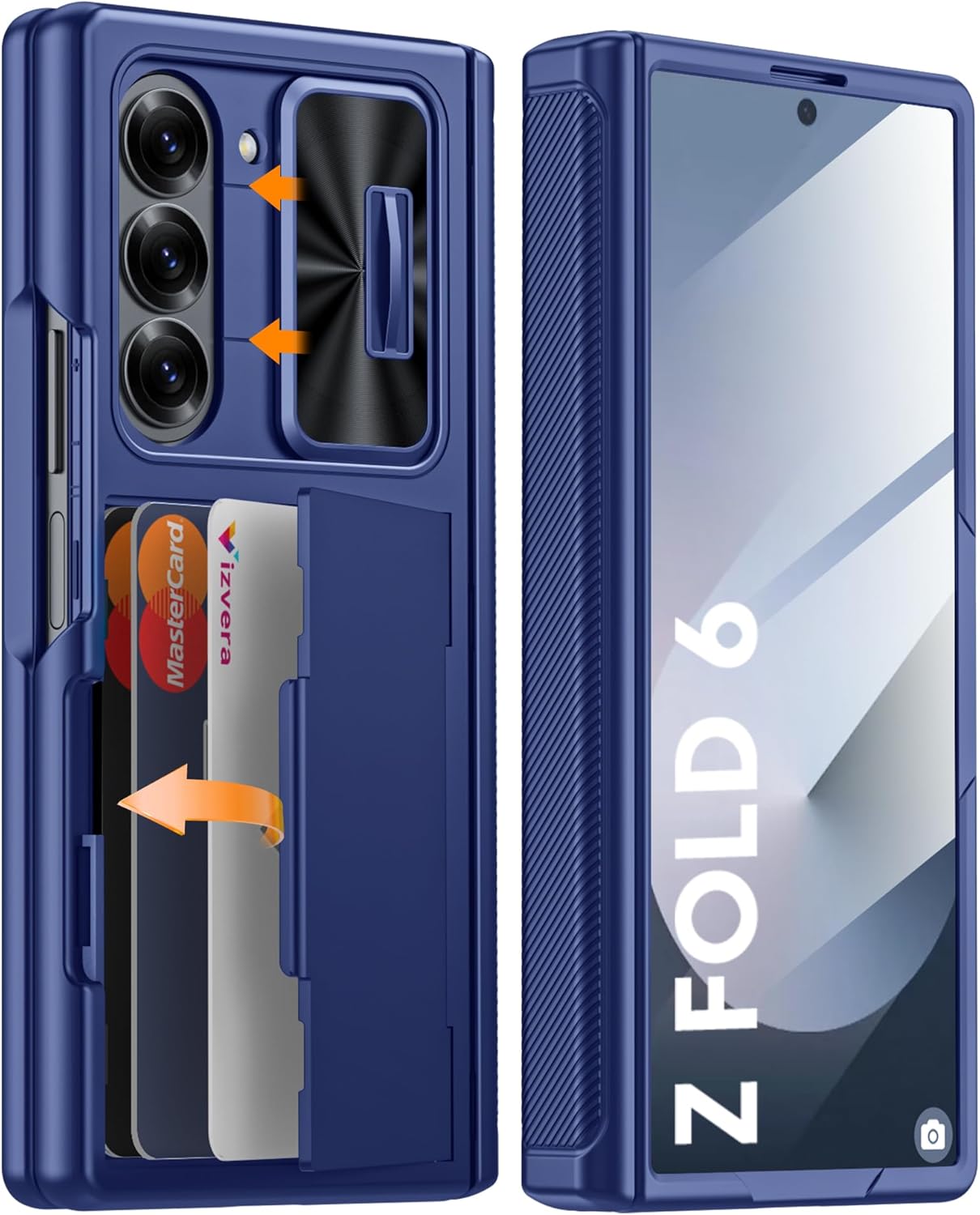 Vizvera for Samsung Galaxy Z Fold 6 Case RFID Wallet with Cards Holder [Hinge Cover] [Camera Cover] Shockproof Silicone Protective Phone Case for Z Fold 6 2024-Blue