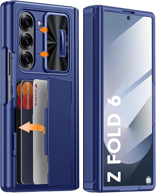 Vizvera for Samsung Galaxy Z Fold 6 Case RFID Wallet with Cards Holder [Hinge Cover] [Camera Cover] Shockproof Silicone Protective Phone Case for Z Fold 6 2024-Blue